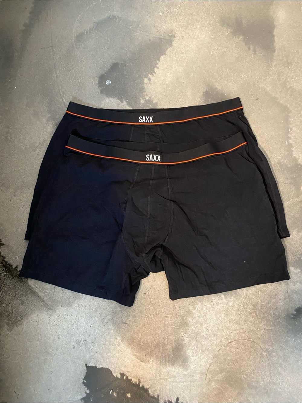 Saxx Black Boxer Briefs with Orange Trim - 2 Pack 5” Sz XXL Men’s 
(Sep A-2)